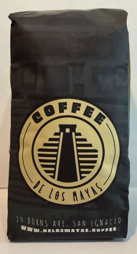 Coffee bag with Coffee De Los Mayas Logo, Cayo Bag art