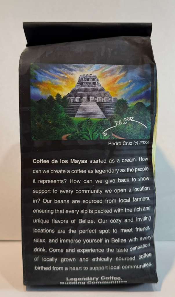 Coffee bag with Coffee De Los Mayas Logo, Cayo Bag art